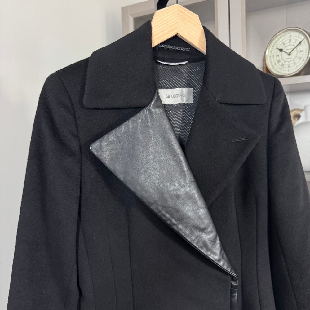 Sportmax Max Mara Black Leather Trim Long Wool Coat Small Formal Overcoat - Picture 3 of 5